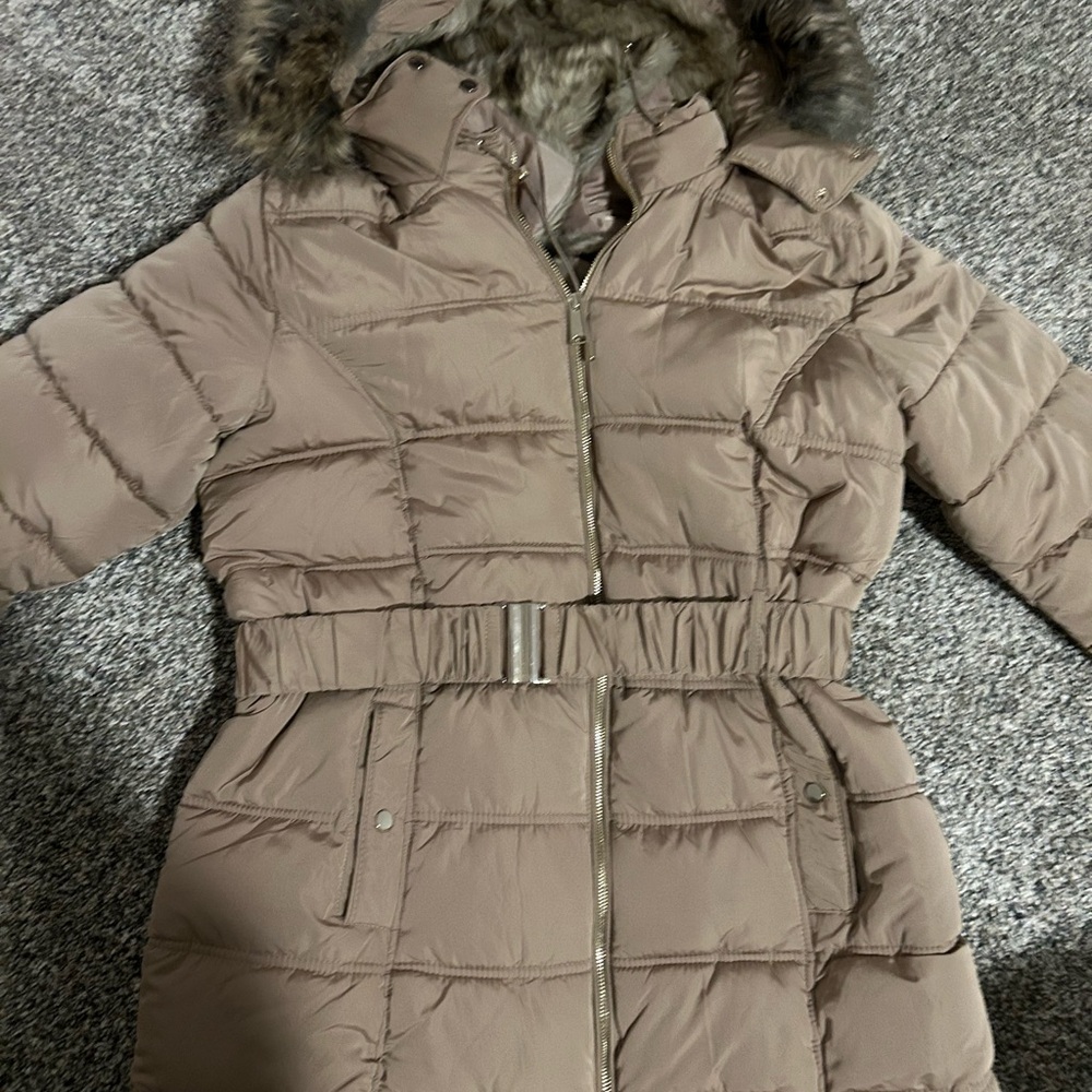 Maurices Taupe Puffer Jacket with Faux Fur Hood